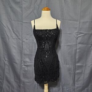 Black Sequin High Neck Sleeveless Mini Dress Keyhole Back